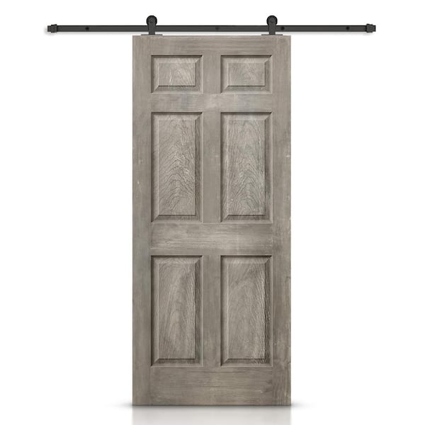 CALHOME 30 in. x 80 in. Vintage Gray Stain Composite MDF 6 Panel Interior Sliding Barn Door with Hardware Kit