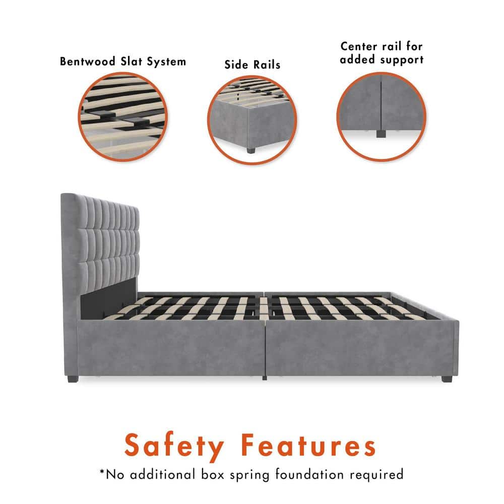 King Light Gray Velvet Upholstered Bed with Storage Drawers