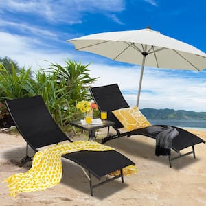 Black Metal Folding Outdoor Chaise Lounge with 5-Position Adjustment (Set of 2)