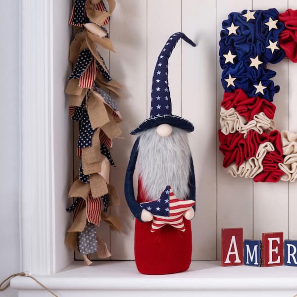 Glitzhome 28 in. H Fabric Patriotic Stuffed Gnome Standing Decor