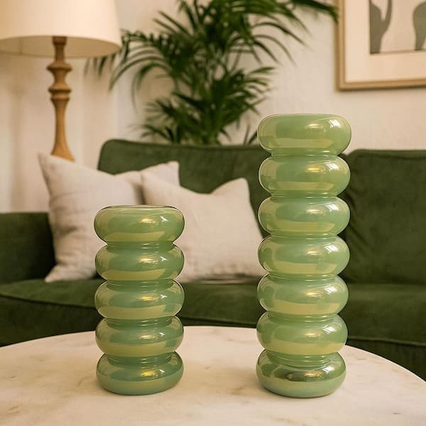 16 in. and 11 in. Emerald Green Bubble Glass Vase (Set of 2)