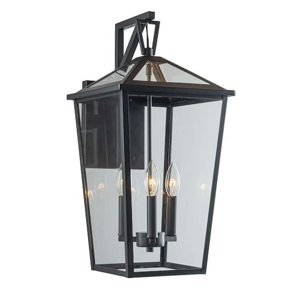 H 22 in. 3-Light Classic Large Outdoor Wall Lantern Matte Black Exterior Wall Sconce with Clear Tempered Glass