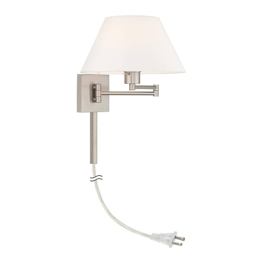 Brushed Nickel Swing Arm Wall Lamp with Off-White Fabric Shade