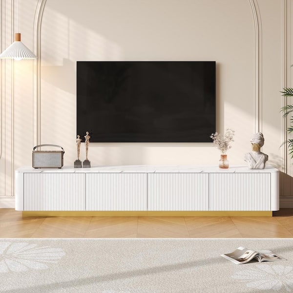Fluted White TV Stand Fits TV's up to 85 in. with 4 Drawers