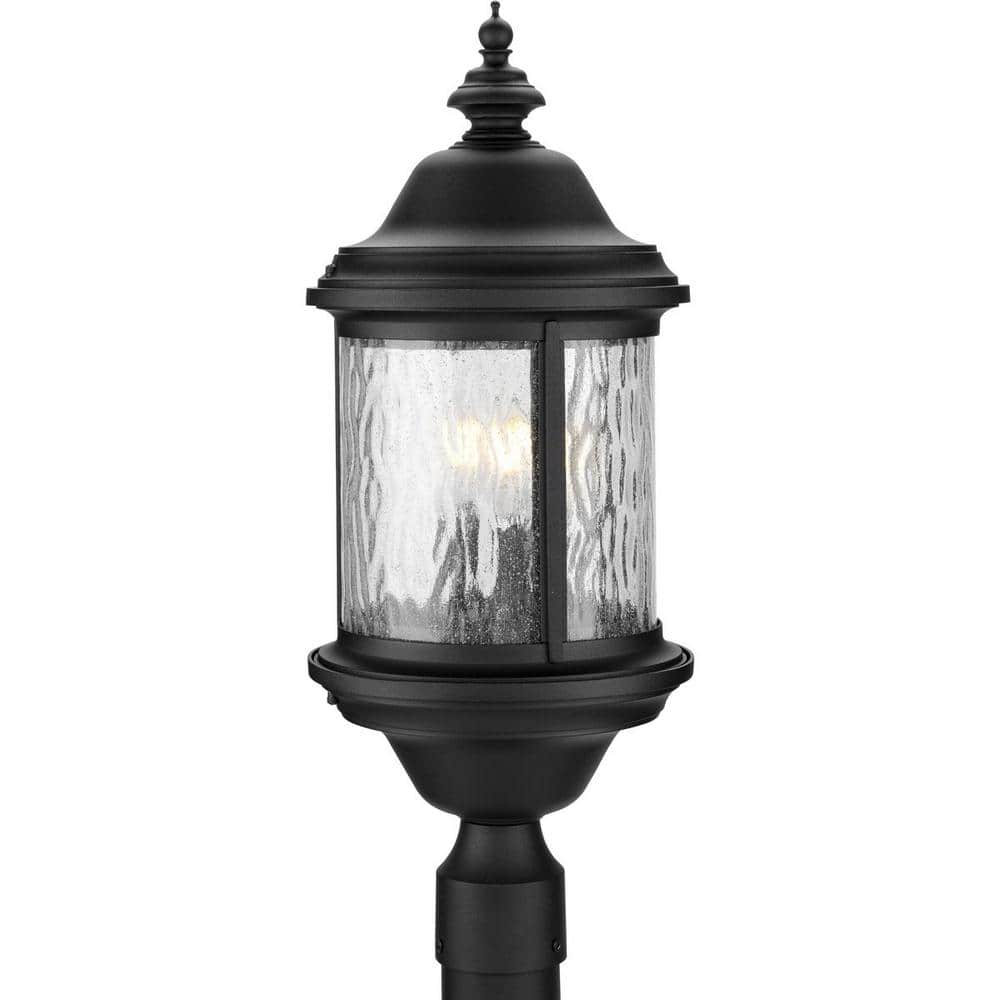 Progress Lighting, Ashmore, 3-Light Post Lantern, Textured Black, Water Seeded Glass, Shade Included