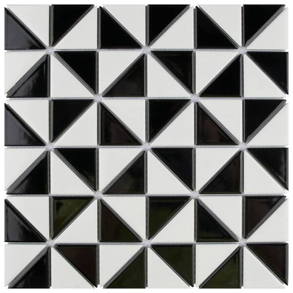 Merola Tile Tre Multi Windmill Glossy White and Black 10-3/4 in. x 10-3/4 in. x 6 mm Porcelain Mosaic Tile (8.21 sq. ft. / case)