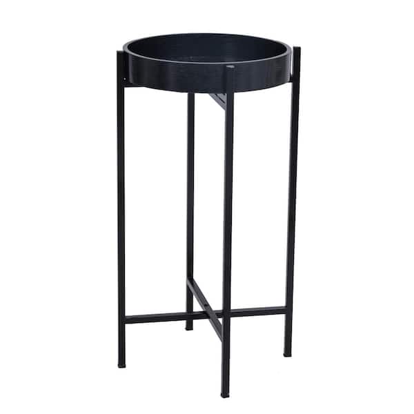 HAWOO 13 in. Black High Round Top Wood Tray Side End Table