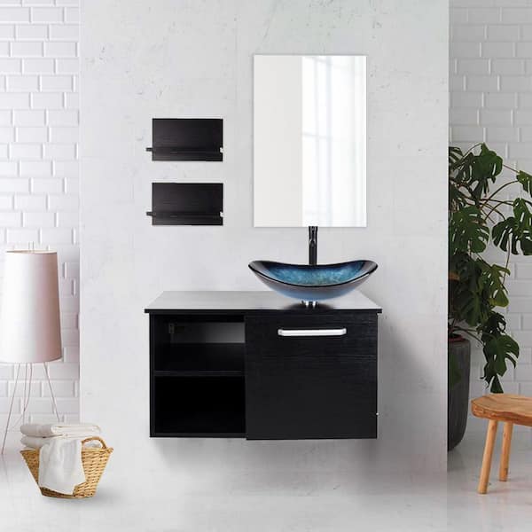 Puluomis 28 in. W x 19 in. D x 16 in. H Single Sink Black Bath Vanity with Blue Solid Surface Top Sink and Mirror