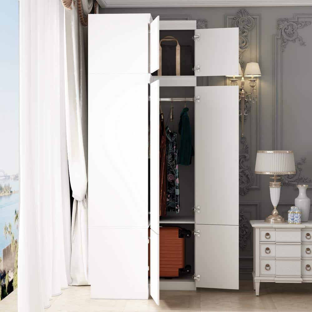 White Wood 35.4 in. W 6-Door Corner Wardrobe Armoires with Hanging Rod, Storage Shelves 93.9 in. H x 35.4 in. D - thumbnail 5