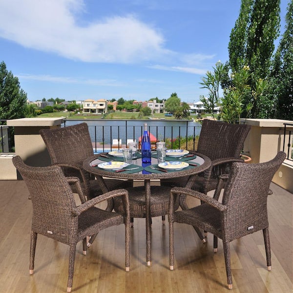 Atlantic Contemporary Lifestyle Bari Round 5-Piece Synthetic Wicker Patio Dining Set with Brown Stacking Chairs