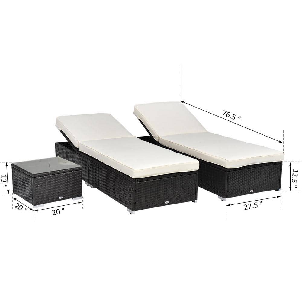 Cream White Cushioned Rattan Outdoor Chaise Lounge Set with Table