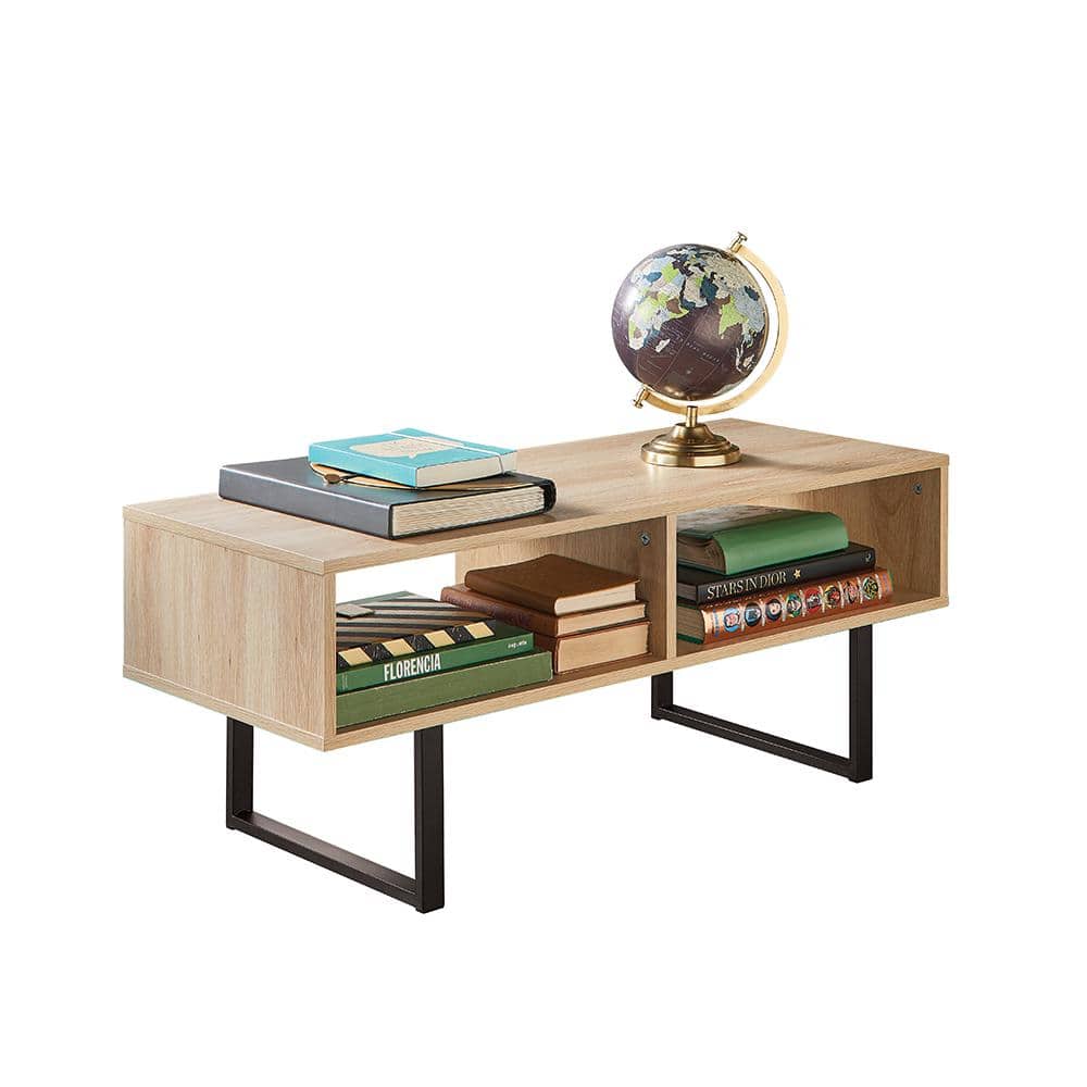 Natural MDF Rectangular Coffee Table with Black Metal Sled Base and Storage