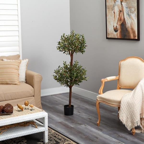Nearly Natural 4.5 ft. Artificial Green Olive Double Topiary Silk