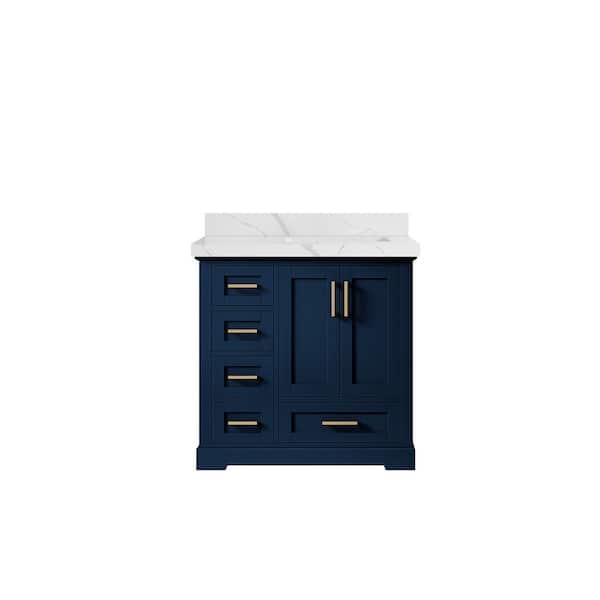 Willow Collections Boston 36 in. W x 22 in. D x 36 in. H Right Offset Sink Bath Vanity in Navy Blue with 2" Calacatta Quartz Top