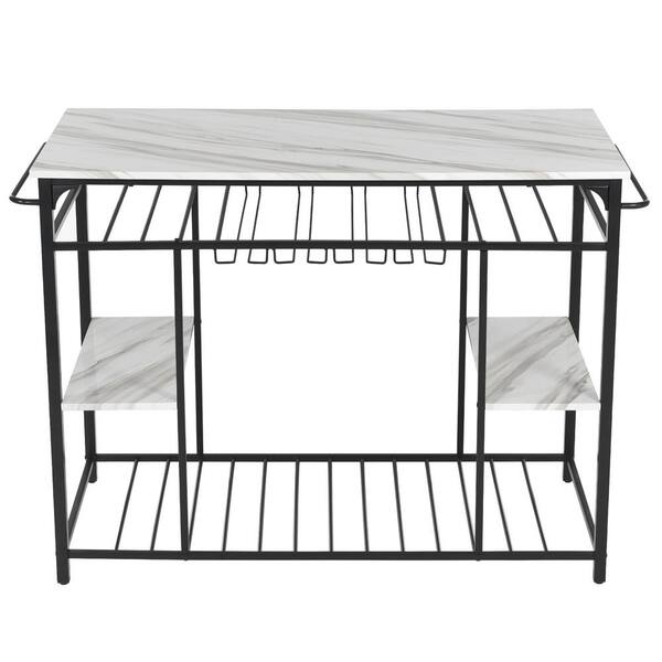 Aoibox Black Faux Marble 47.2 in. W Prep Table Kitchen Island Kitchen Rack Console Table W Shelves and Glass Rack, Black and White SNMX4567