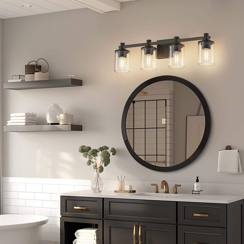 28 in. 4-Light Matte Black Industrial Modern Cylinder Vanity Light for Bathroom with Clear Glass Shades price history on PriceWatchPro