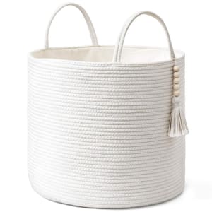 White Round Jute Woven Storage Basket with Handles, 16 in x 13.8 in