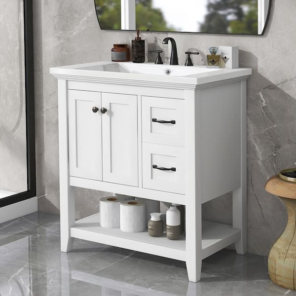 FAMYYT 30 in. W x 18 in. D x 34 in. H Single Sink Freestanding Bath Vanity in White with White Ceramic Top