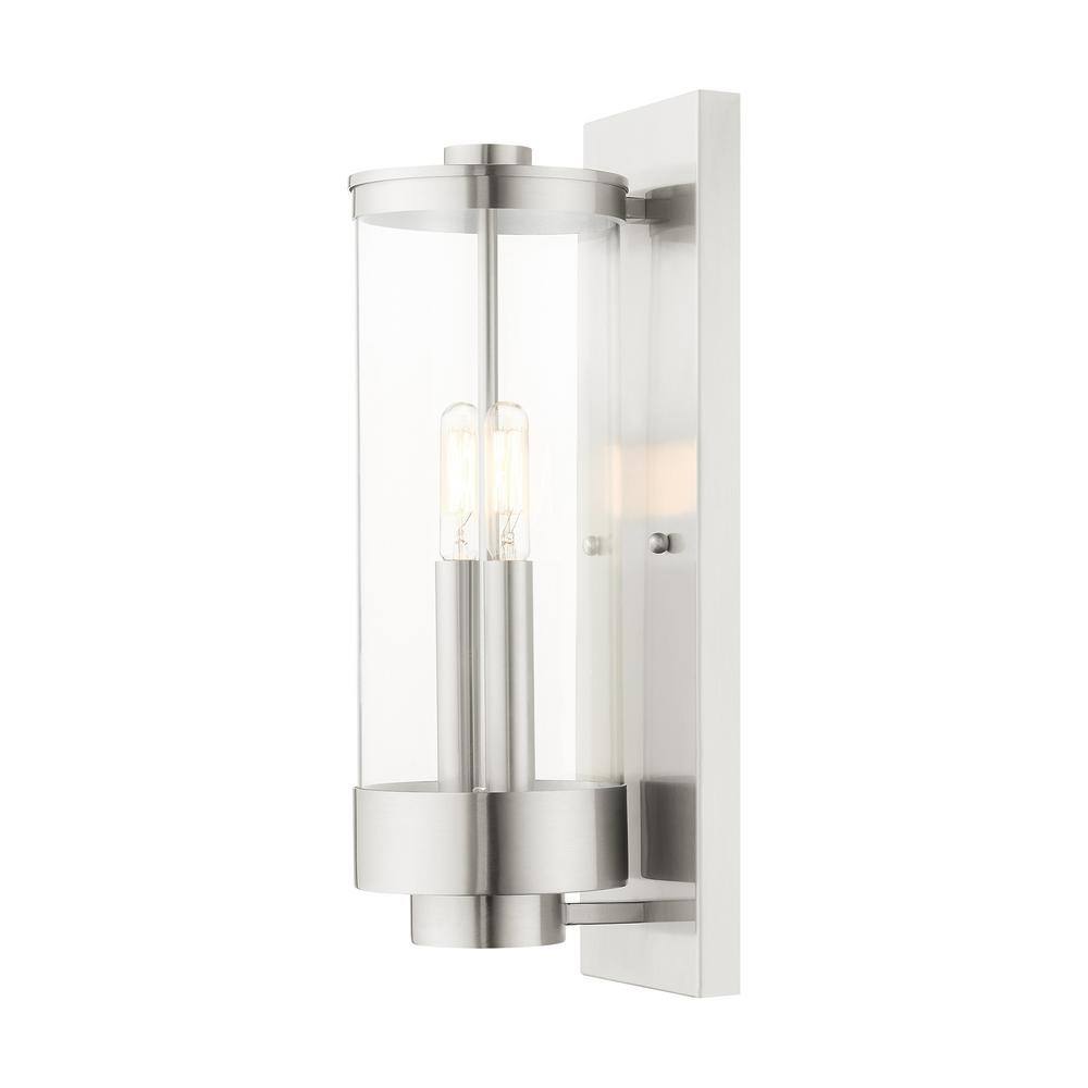 Brushed Nickel 2-Light Outdoor Wall Lantern with Clear Glass