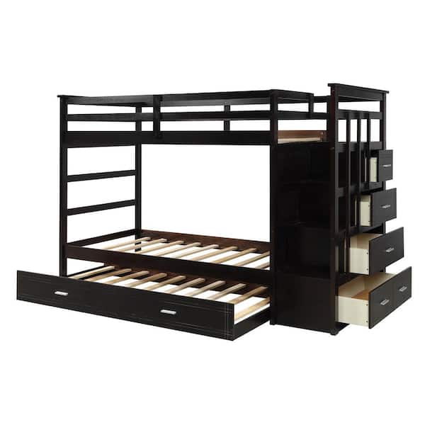 STICKON Espresso Twin Over Twin Size Solid Wood Bunk Bed with Trundle and Staircase
