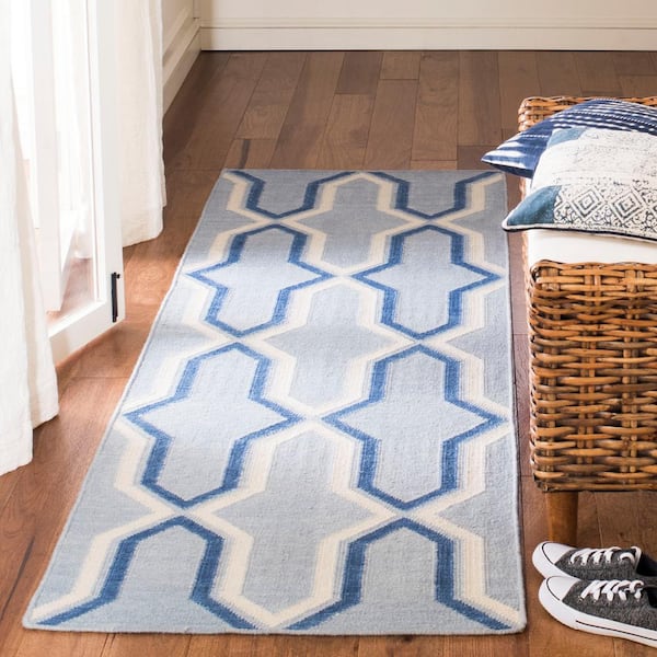 Dhurries Light Blue/Dark Blue 3 ft. x 8 ft. Geometric Runner Rug