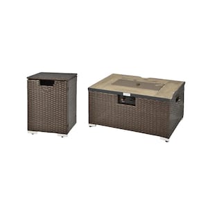 32 in. x 20 in. Brown Outdoor Propane Rattan Fire Pit Table Set with Side Table Tank and Cover