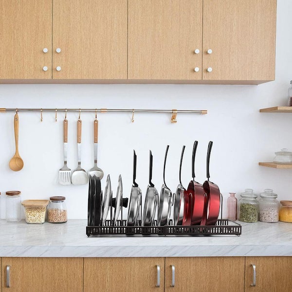 Bronze Expandable Adjustable Pot and Pan Organizer Rack with 10-Dividers for Cabinet Countertop Pantry Kitchen