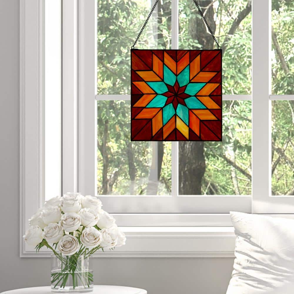 Bold Geometric Floral Stained Glass Window Panel in Red, Teal, and Orange