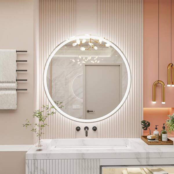 Zeus & Ruta 28 in. W x 28 in. H Middle Round Frameless LED Light Wall Bathroom Vanity Mirror in Silver