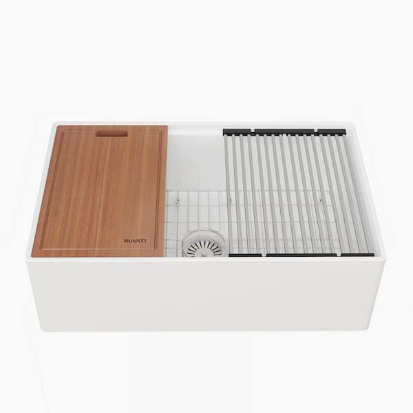 Fiore 30 in. Apron-Front Farmhouse Single Bowl White Fireclay Kitchen Sink and with Workstation Accessories