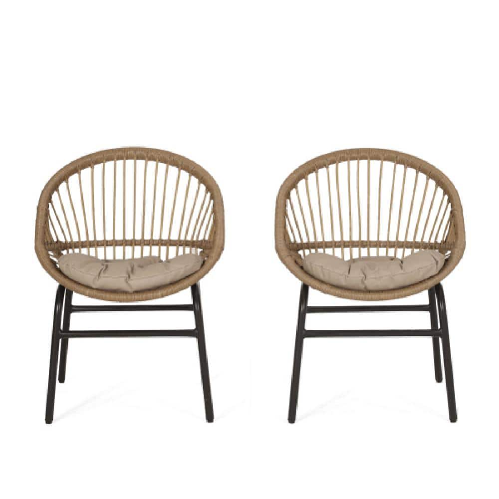 Light Brown and Beige Wicker Outdoor Dining Chairs with Cushions, Set of 2