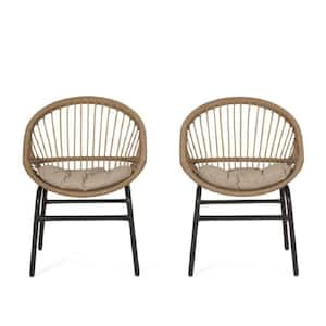 Brown Boho Design Metal Frame Outdoor Lounge Chair in Beige Set of 2 Chairs