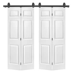 72 in, x 80 in, Hollow Core 6-Panel Primed White MDF Composite Double Bi-Fold Barn Doors with Sliding Hardware Kit