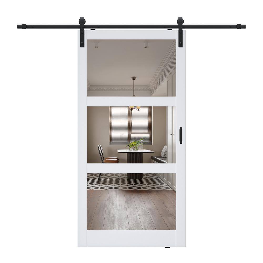 White 42" x 84" 3-Lite Mirrored MDF Barn Door