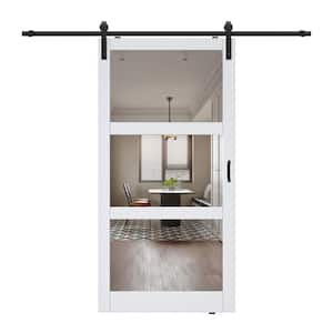 42 in. x 84 in. 3-Lite Mirrored Glass White Finished Solid Core MDF Barn Door Slab with Barn Door Hardware Kit