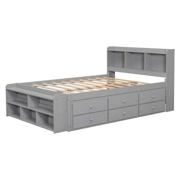 Gray Wood Frame Full Size Platform Bed with Under bed Storage Drawers, Bookcase Headboard and Storage Case