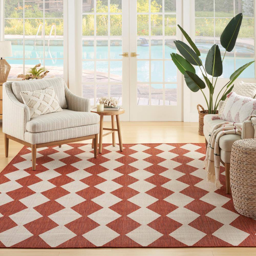 Positano Terracotta and Off-White Diamond Outdoor Rug 7' x 10'