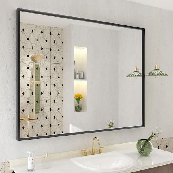 Apmir 40 in. W x 32 in. H Rectangular Aluminum Alloy Framed and Tempered Glass Wall Bathroom Vanity Mirror in Matte Black