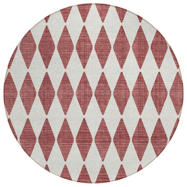 Burgundy 8 Round ft. Woven Geometric Polyester Round Indoor / Outdoor Area Rug