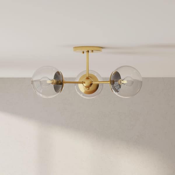 Progress Lighting Atwell Collection 22 in. 3-Light Brushed Bronze Semi-Flush Mount Mid-Century Modern with Clear Glass Shade