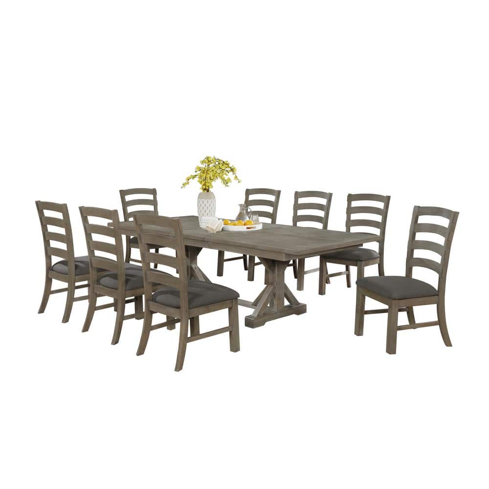 9-Piece Rustic Gray Wood Dining Set with Gray Fabric Chairs