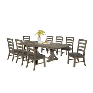 Linda 9-Piece Rectangular Wood Top and Rustic Gray Dining Table Set w/Gray Linen Fabric Chairs