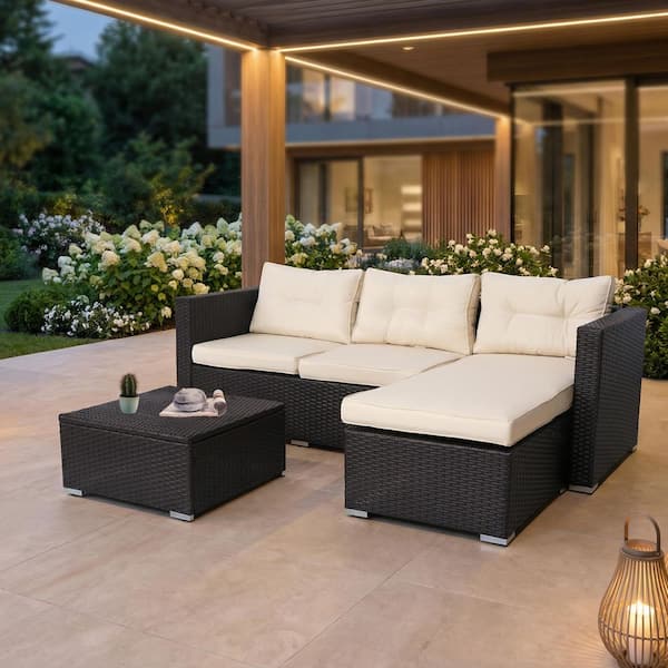 Versailles 3-Piece Wicker Patio Conversation Sectional Seating Set with Beige Cushions