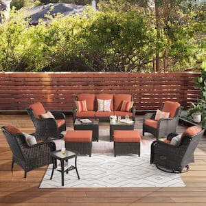 New Kenard Brown 10-Piece Wicker Patio Conversation Set with Orange Red Cushions and Swivel Rocking Chairs
