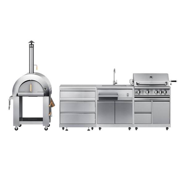 Kitchen with a Woodfire Outdoor Pizza Oven, 3 Drawer Cabinet, Sink, 30 in. BBQ Propane Grill and Cabinet.