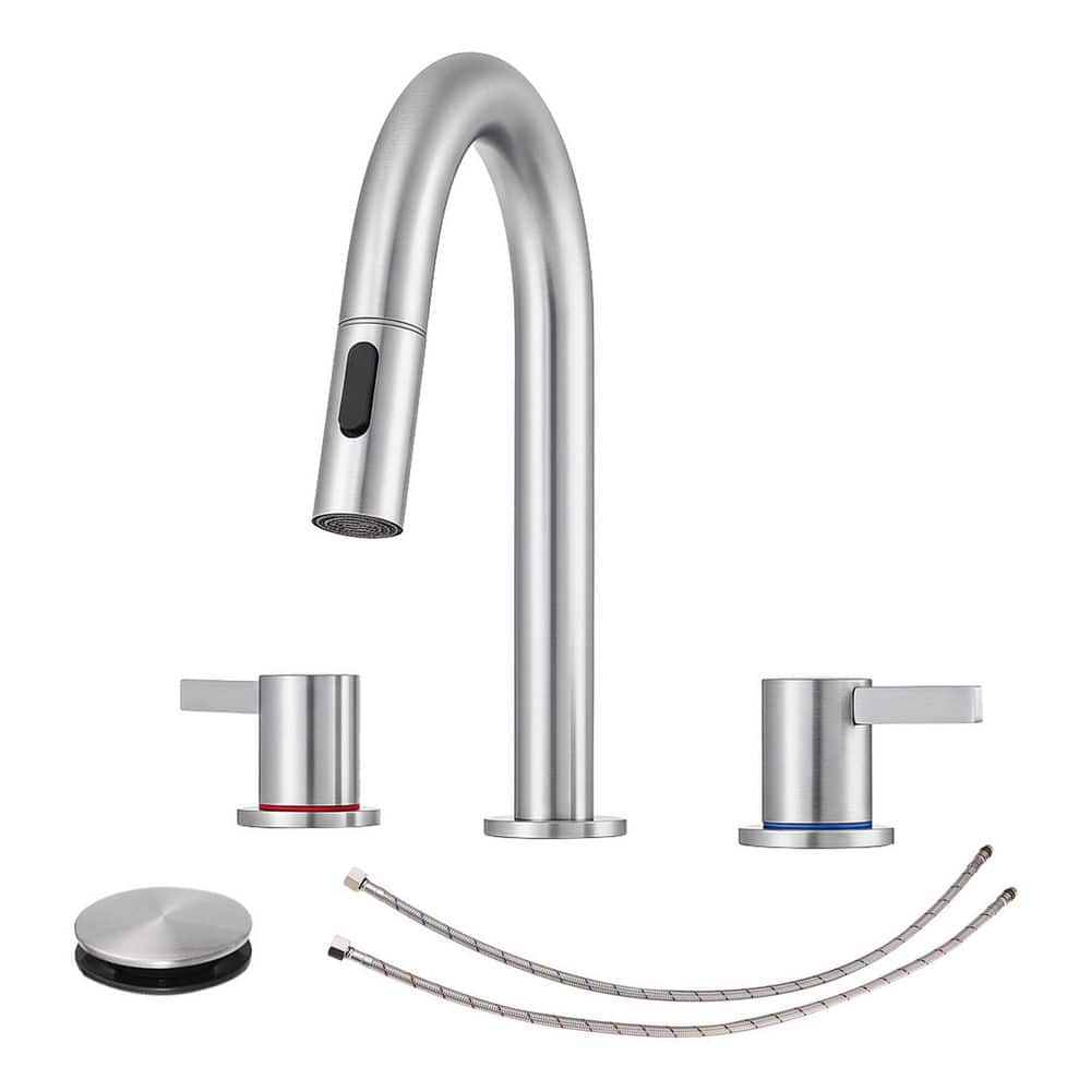 6.25 in. H 8 in. Widespread Double Handle Bathroom Faucet with Pop-Up Drain and Pull-Down Sprayer in Brushed Nickel price history on PriceWatchPro