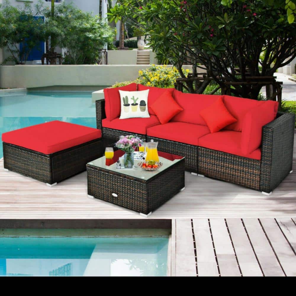 5-Piece Red Cushioned Rattan Patio Furniture Set with Ottoman