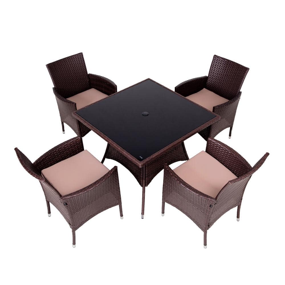 Modern Sofa Patio Conversation 5-Pieces Brown Wicker Outdoor Dining Set wit
