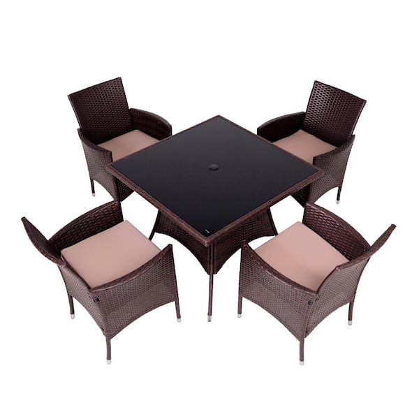 Unbranded Modern Sofa Patio Conversation 5-Pieces Brown Wicker Outdoor Dining Set with Khaki Cushions