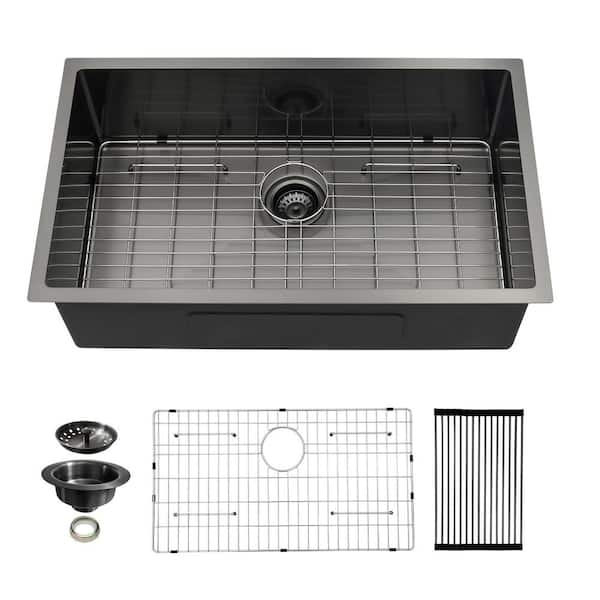 Sarlai 30 in. Undermount Single Bowl 16-Gauge Gunmetal Black Stainless Steel Round Corner Kitchen Sink with Bottom Ggid